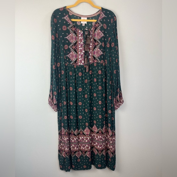 Knox Rose XL Boho Peasant Prairie Green Floral MIDI Dress Rayon - Picture 2 of 11